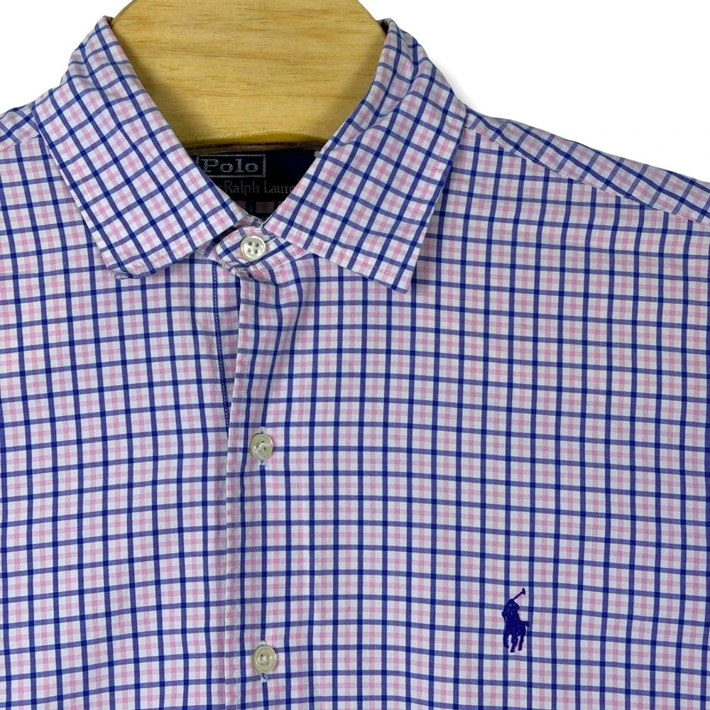 Polo Ralph Lauren Button Down Shirt Mens Large Pink Blue Checkered Cotton Preppy